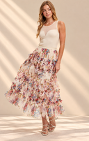Floral Ruffled Mesh Midi Skirt
