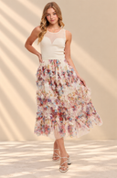 Floral Ruffled Mesh Midi Skirt