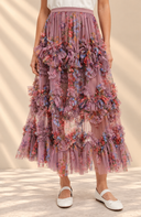 Floral Ruffled Mesh Midi Skirt