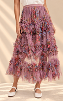Floral Ruffled Mesh Midi Skirt