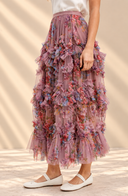 Floral Ruffled Mesh Midi Skirt