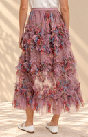 Floral Ruffled Mesh Midi Skirt
