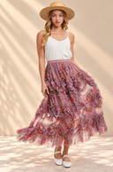 Floral Ruffled Mesh Midi Skirt
