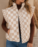 Checkered Quilted Button Zip Up Vest