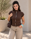 Charmed Detail Multicolor Button Mock Neck Knit Top