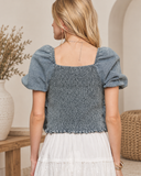 Darling Denim Ruffle Smocked Blouse