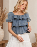 Darling Denim Ruffle Smocked Blouse