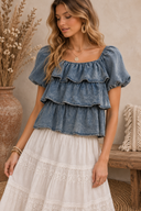 Darling Denim Ruffle Smocked Blouse