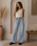 Drape Low Slung Baggy Wide Leg Jeans - Medium Light