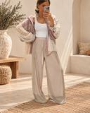 Elastic Waistband Color Block Solid Knit Pants