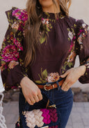 Floral Ruffled Mock Neck Blouse S-3X-Tops-Krush Kandy, Women's Online Fashion Boutique Located in Phoenix, Arizona (Scottsdale Area)