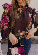 Floral Ruffled Mock Neck Blouse S-3X-Tops-Krush Kandy, Women's Online Fashion Boutique Located in Phoenix, Arizona (Scottsdale Area)