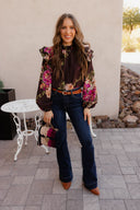 Floral Ruffled Mock Neck Blouse S-3X-Tops-Krush Kandy, Women's Online Fashion Boutique Located in Phoenix, Arizona (Scottsdale Area)