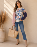 Floral Panel Colorblock Sleeve Patchwork Sweater