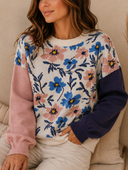 Floral Panel Colorblock Sleeve Patchwork Sweater