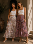 Floral Ruffled Mesh Midi Skirt