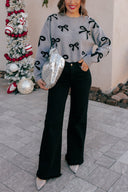 Gray Bow Pattern Knit Sweater-Sweater-Krush Kandy, Women's Online Fashion Boutique Located in Phoenix, Arizona (Scottsdale Area)