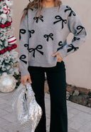 Gray Bow Pattern Knit Sweater-Sweater-Krush Kandy, Women's Online Fashion Boutique Located in Phoenix, Arizona (Scottsdale Area)