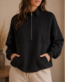 Half Zip Stand Collar Exposed Seam Solid Color Casual Sweatshirt