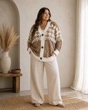 Houndstooth Color Block V Neck Raw Edge Button Front Cardigan