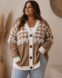 Houndstooth Color Block V Neck Raw Edge Button Front Cardigan