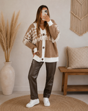 Houndstooth Color Block V Neck Raw Edge Button Front Cardigan