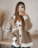 Houndstooth Color Block V Neck Raw Edge Button Front Cardigan