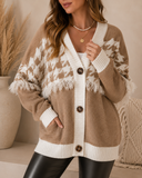 Houndstooth Color Block V Neck Raw Edge Button Front Cardigan