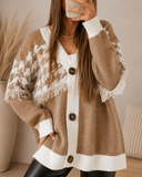 Houndstooth Color Block V Neck Raw Edge Button Front Cardigan