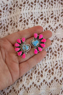Neon Pink Opal Half Heart Cluster Golden Hills Earrings-Stud Earrings-Rae Collective, Women's Online Fashion Boutique Located in Phoenix, Arizona (Scottsdale Area)