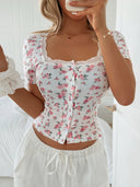 Blossom Charm Ruched Button Detail Top