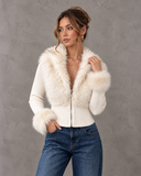 Valencia Luxe Faux Fur Collar Ribbed Zip-Up Jacket