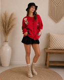 LE LIS Teddy Time Red Knit Cardigan