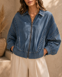 Lightweight Denim Zip-Up Jacket with Ruched Detail