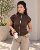 Charmed Detail Multicolor Button Mock Neck Knit Top