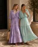 Mineral Wash V-Neck Empire Waist Tiered Dress