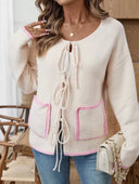 Blissful Bow Contrast Pocket Cardigan-Cardigan-Krush Kandy, Women's Online Fashion Boutique Located in Phoenix, Arizona (Scottsdale Area)
