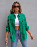 Frayed Denim Pocket Shirt Jacket-Jackets-Krush Kandy, Women's Online Fashion Boutique Located in Phoenix, Arizona (Scottsdale Area)