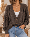 Openwork Button Up Long Sleeve Cardigan