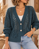 Openwork Button Up Long Sleeve Cardigan