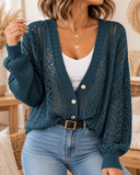Openwork Button Up Long Sleeve Cardigan