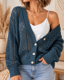 Openwork Button Up Long Sleeve Cardigan