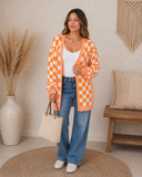 Orange Checkered Knit Cardigan