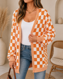 Orange Checkered Knit Cardigan