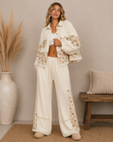 POL Balloon Sleeve Pearl Detail Floral A-Line Fit Jacket