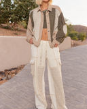 POL Floral Print Contrast Color Block Quilted Jacket