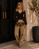 POL Patchwork Neckband Textured Knit Cardigan