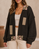 POL Patchwork Neckband Textured Knit Cardigan