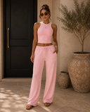 Pink Color Block Sleeveless Tank & Wide-Leg Pants Set