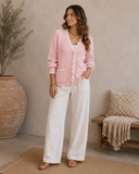 Pink Scalloped-Edge Ribbed Knit Cardigan